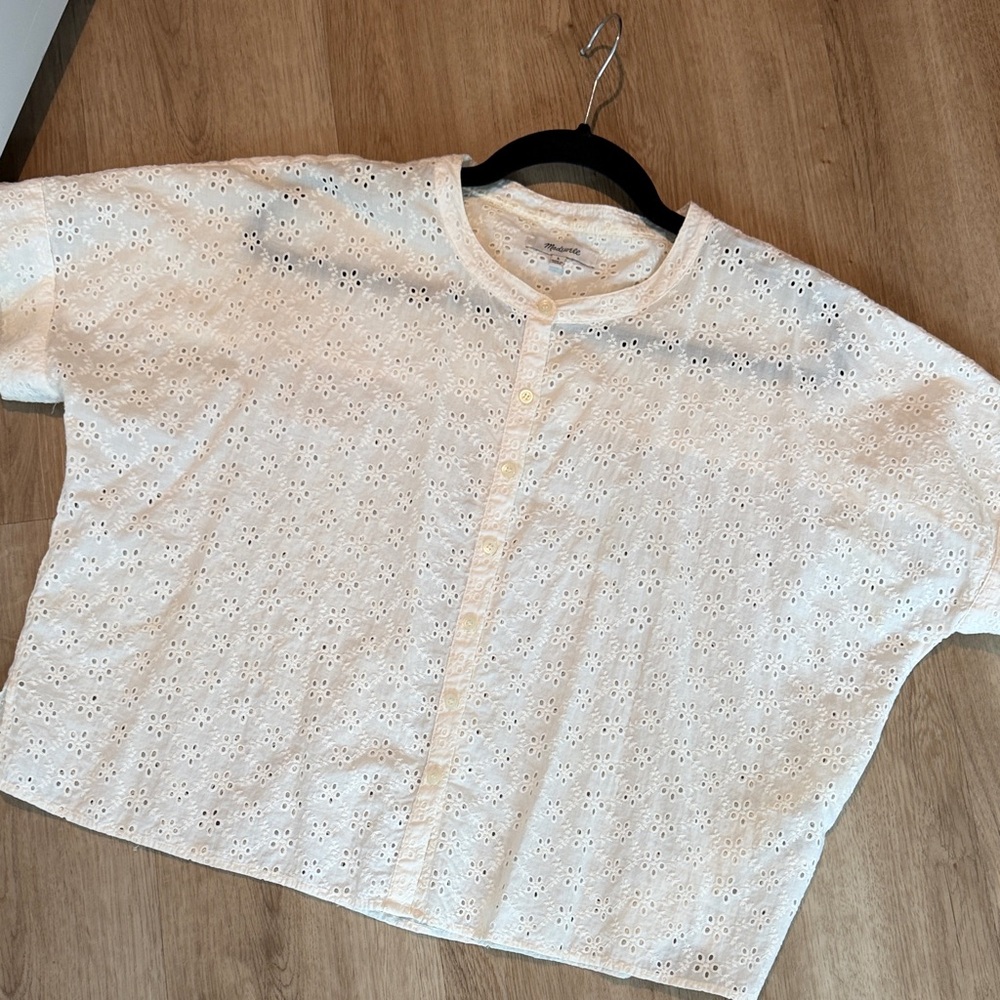 Eyelet Button-Front Short Sleeve Top